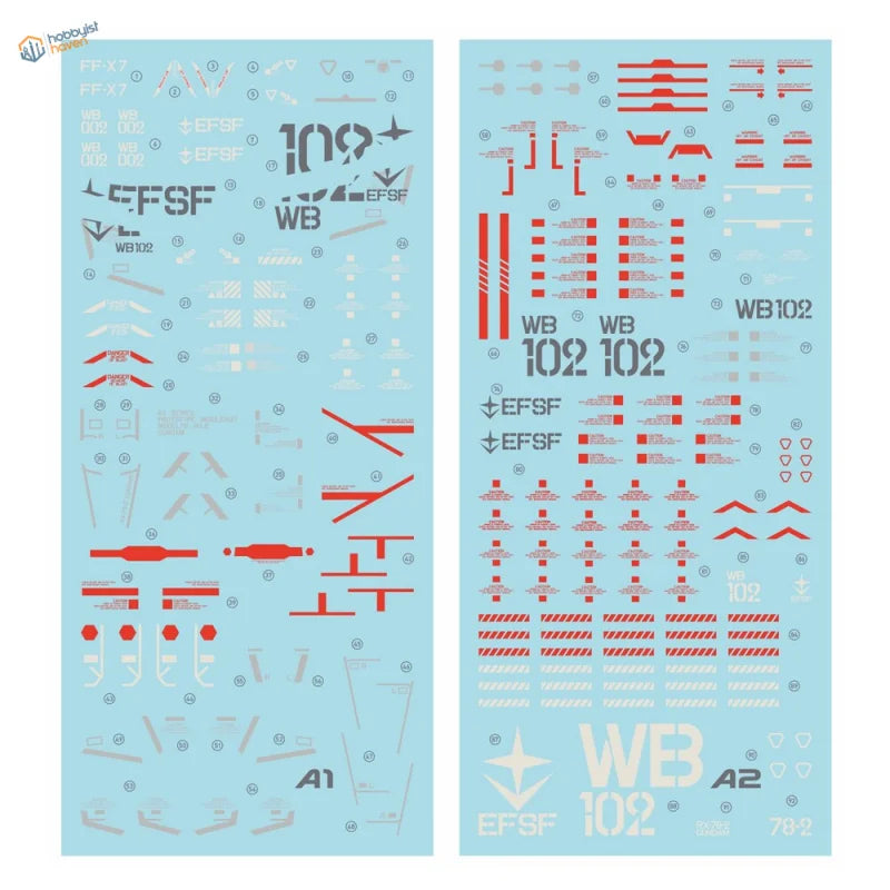 Light blue sticker sheet with RX-78-2 unleashed decals for PG Gundam modeling upgrade