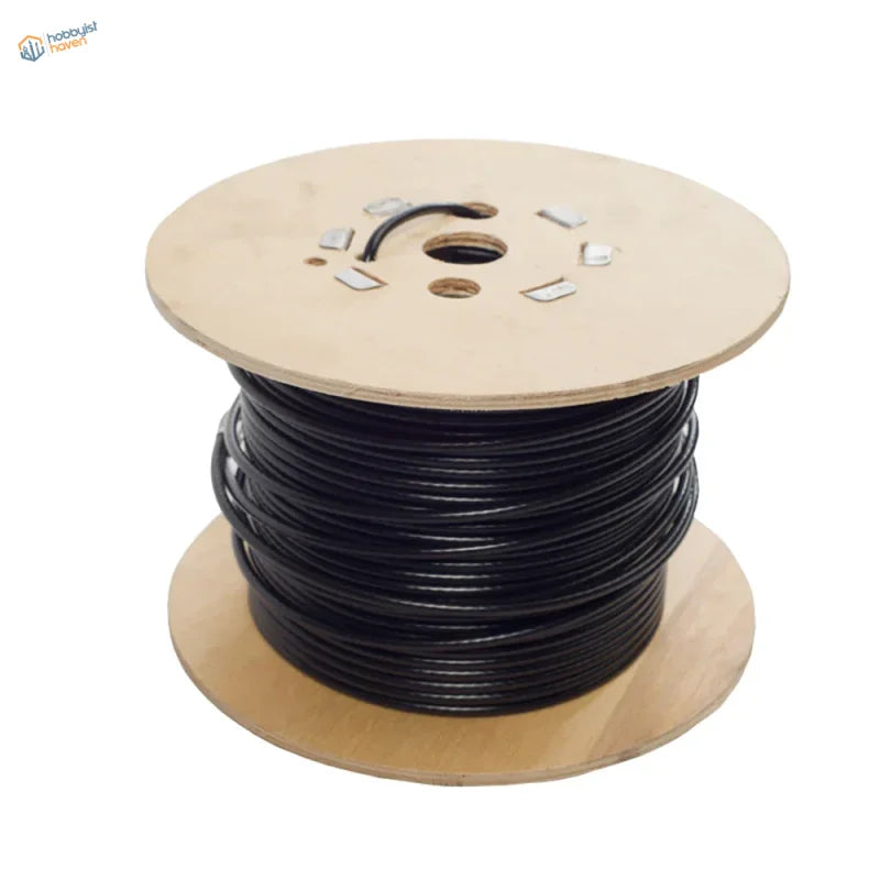 Braided steel wire on wooden spool, black coaxial cable wound tightly