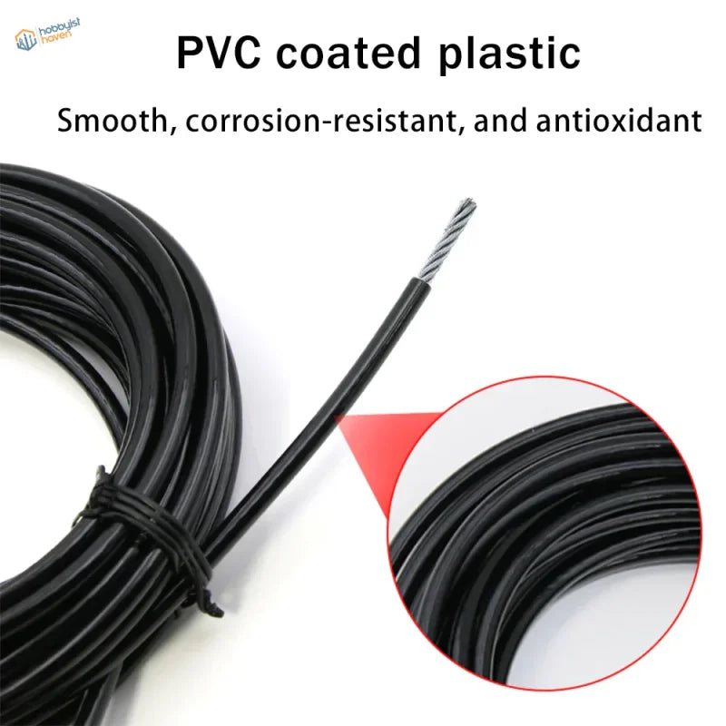 1-6mm braided steel wire with black PVC-coated smooth surface and exposed core