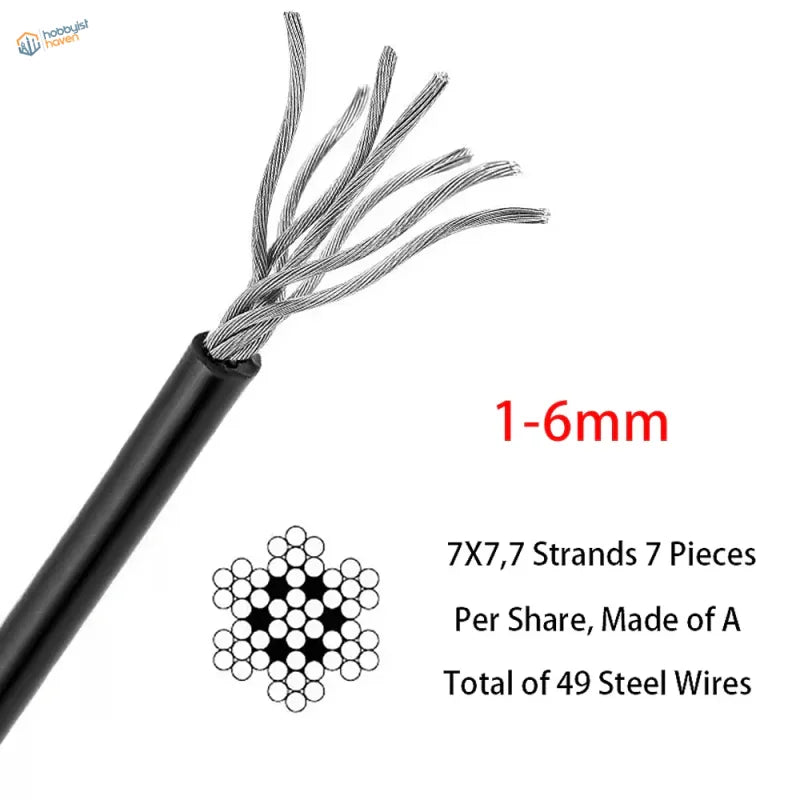 Black 7x7 braided steel wire with 49 exposed silver strands