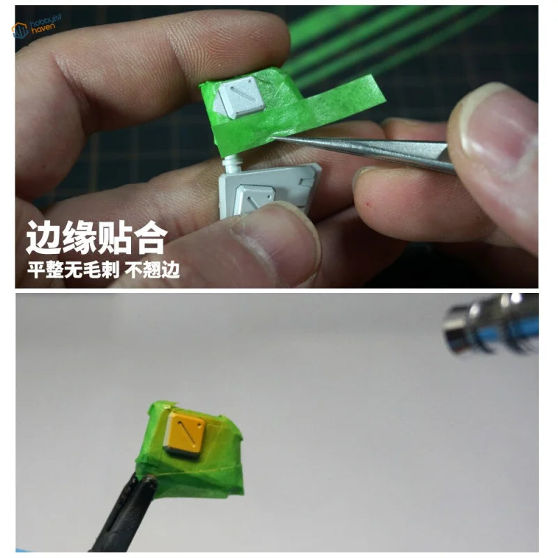 Aligning white plastic model part with square cutout using 1~6mm fine masking tape
