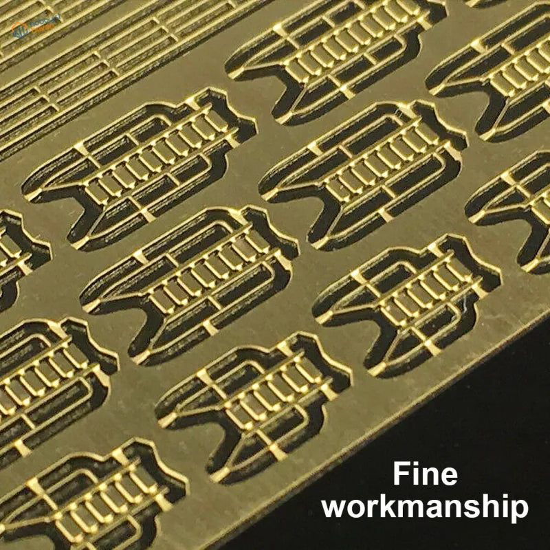 Gold-colored scale modeling tools photo-etched railings and stairs