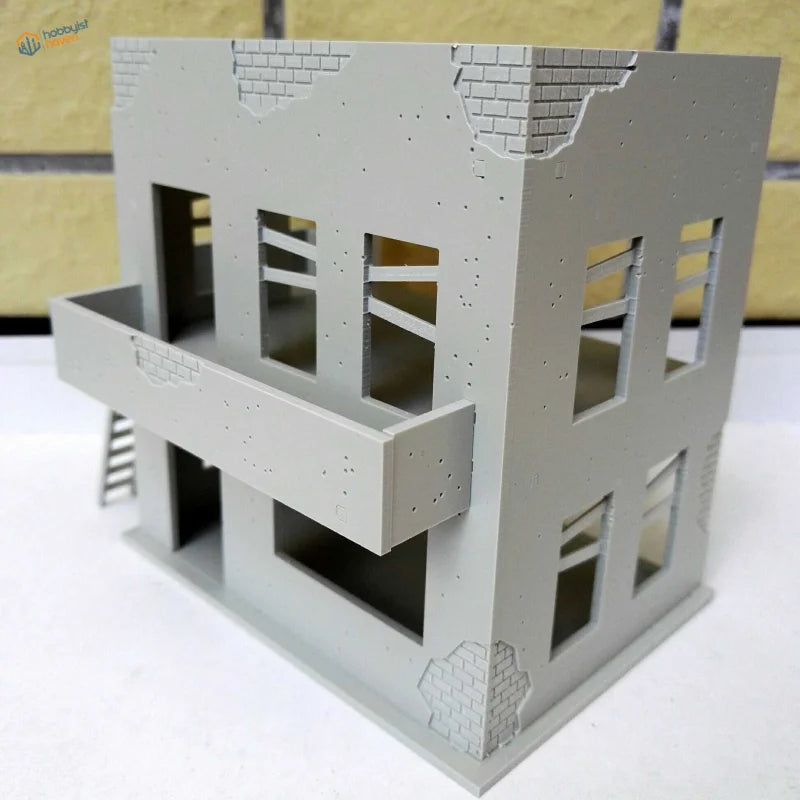 Gray 1/72 plastic modern building model kit with brick details