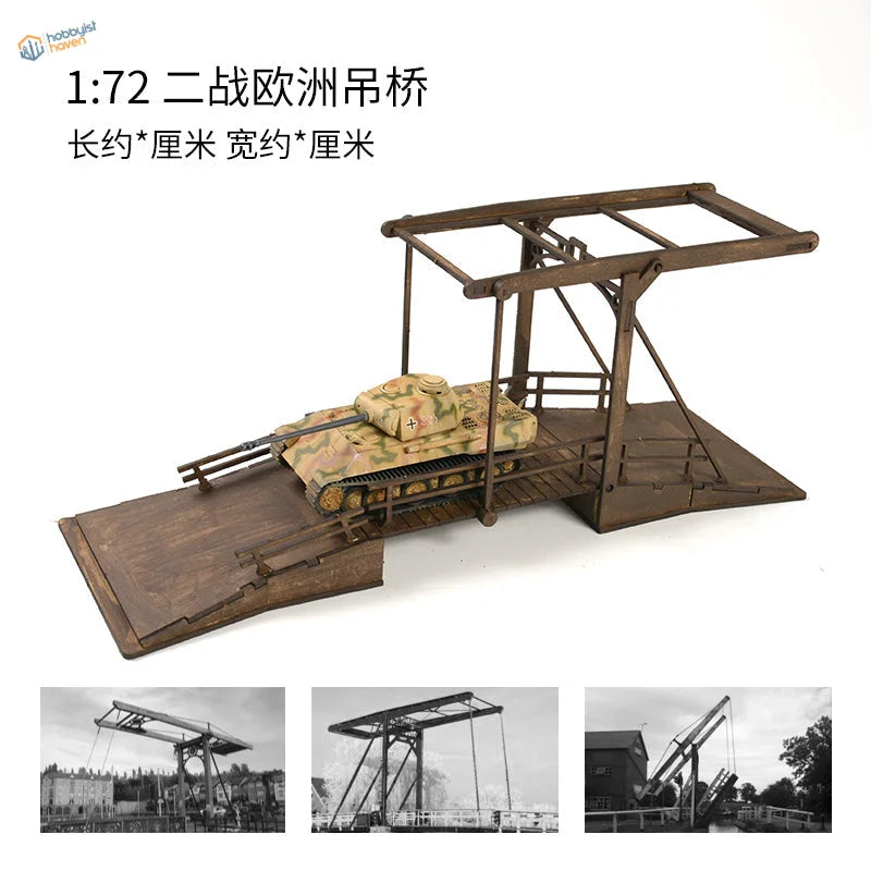 1/72 WWII European drawbridge model kit with camouflaged tank for dioramas