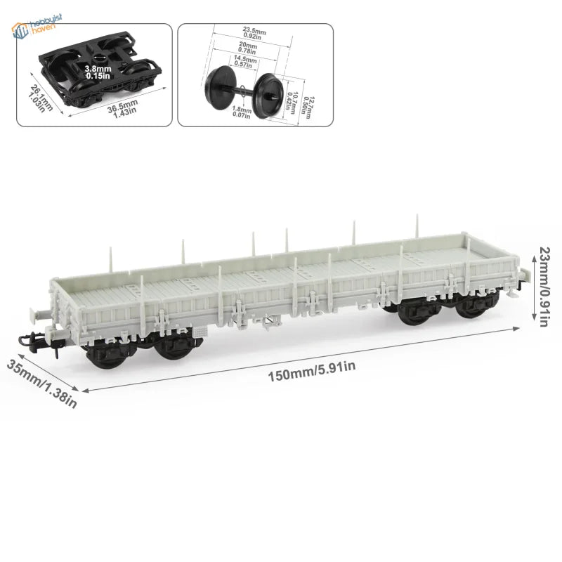 A detailed gray plastic 1/87 HO scale flat car model with black wheels ideal for scale modeling tools and model building tools