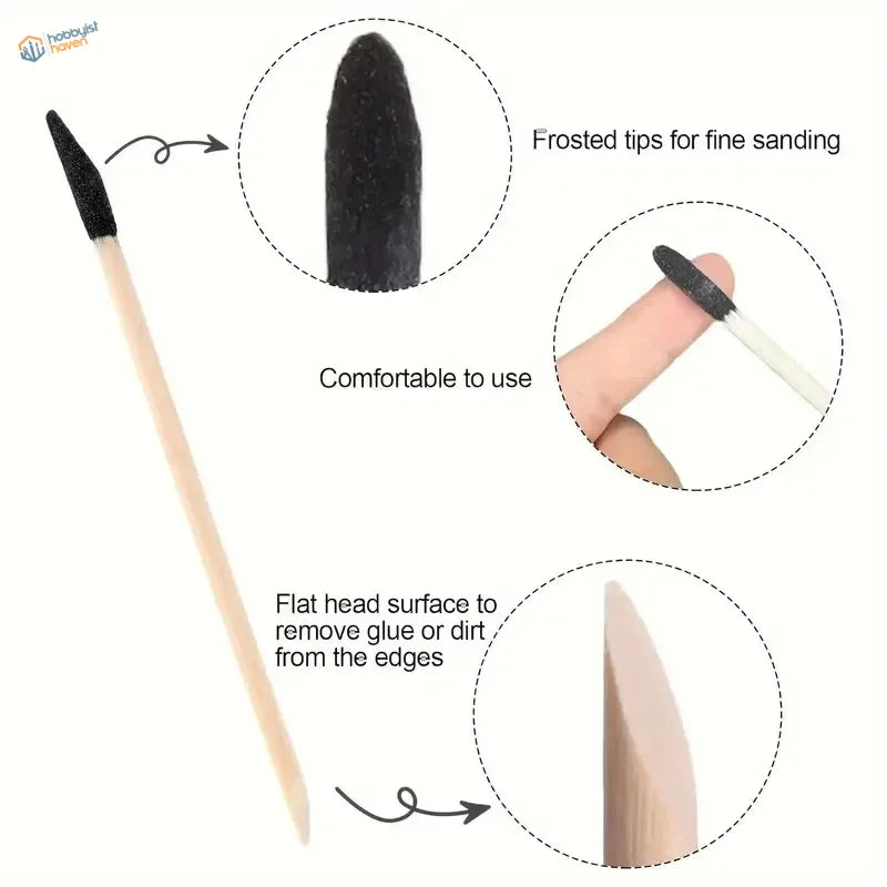 Black frosted-tipped sanding matchsticks, precision hobby tools for edge cleaning