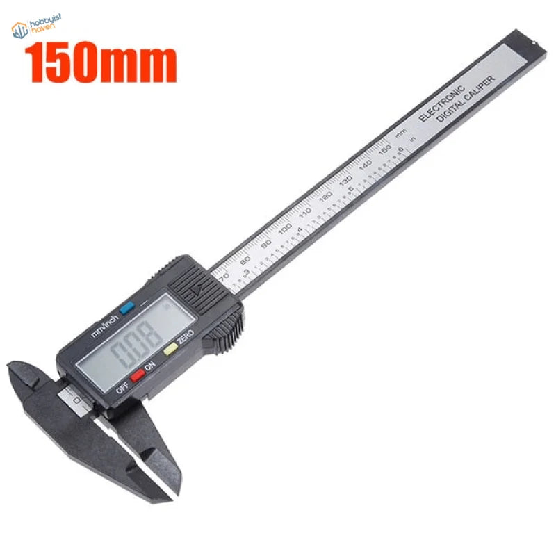 Black 150mm digital caliper with silver scale, precision hobby tool