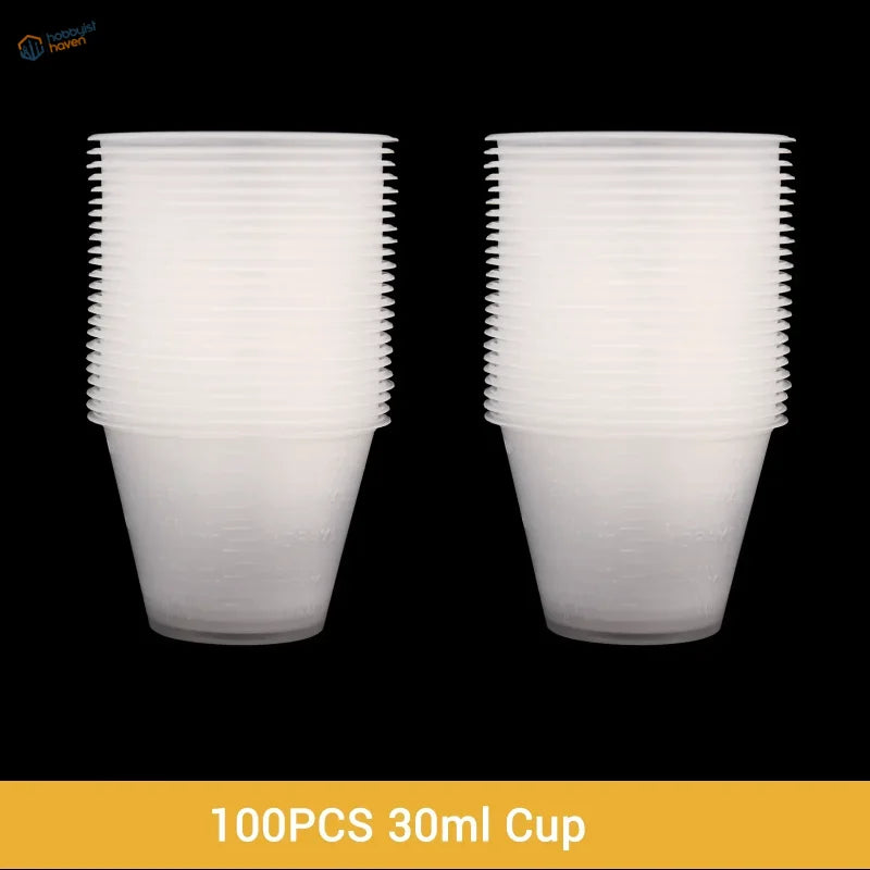 Two stacks of 100pcs 30ml translucent mixing cups for scale modeling tools