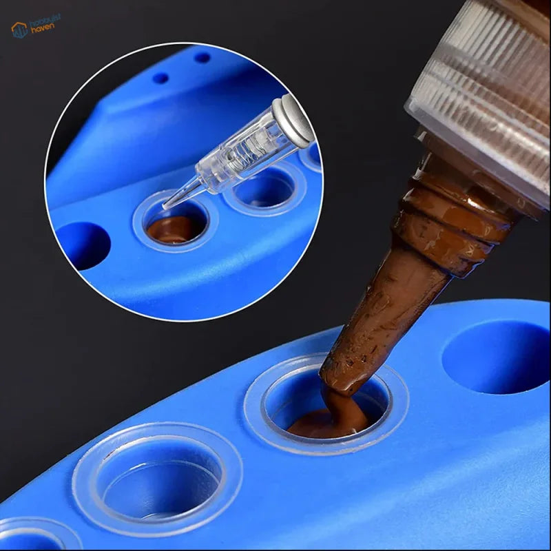 Blue silicone mold filled with brown liquid using syringe from disposable paint cups