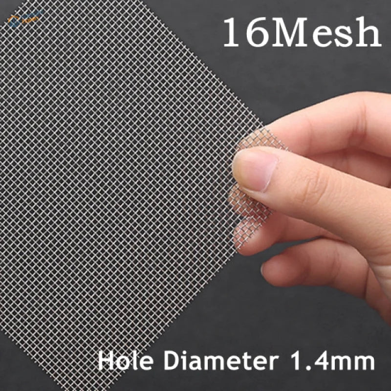 304 stainless steel mesh, 16 mesh with 1.4 mm holes, held in hand