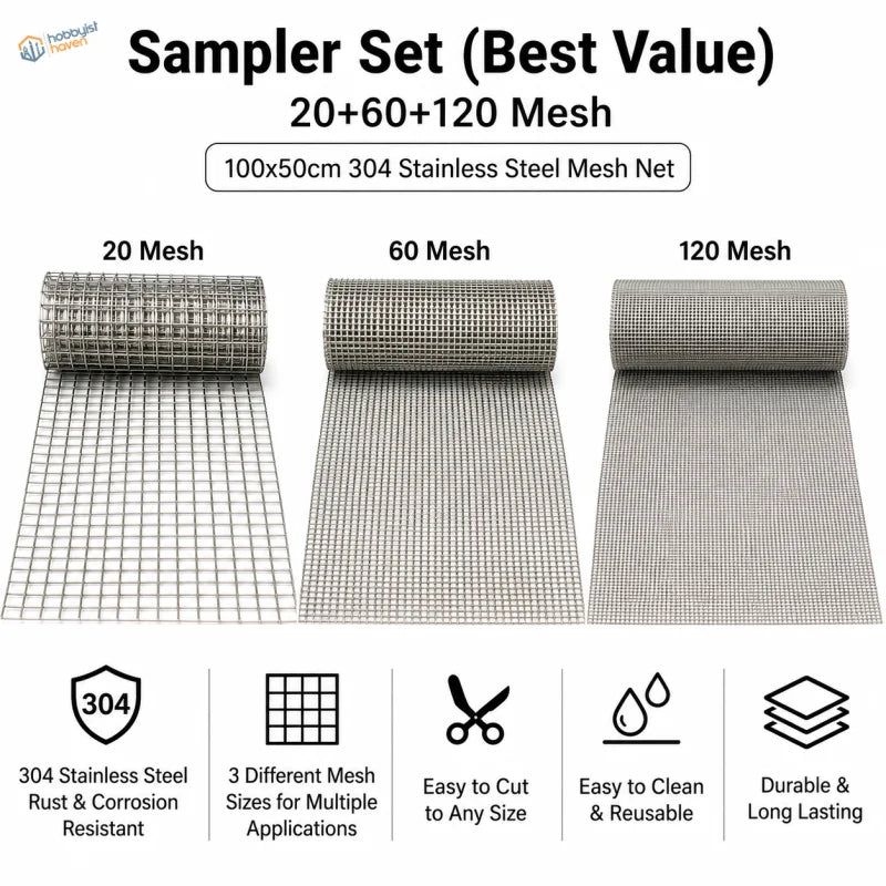 Sampler set of 304 stainless steel modeling mesh: 20, 60 and 120 mesh rolls