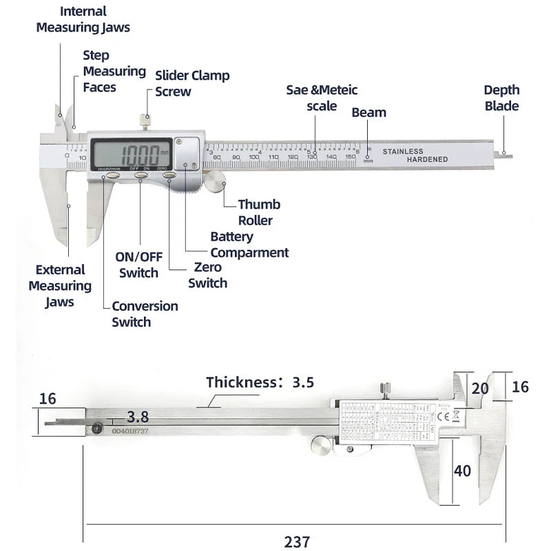 Stainless steel digital vernier caliper with silver body black lcd and sae metric scales for scale modeling use