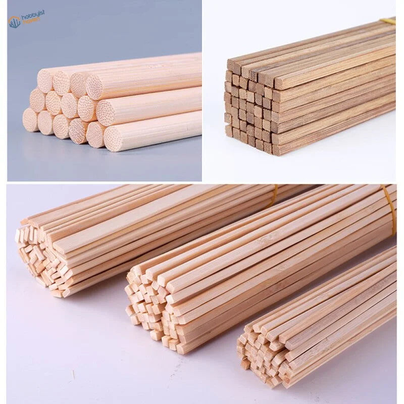 10pcs bamboo planks with light-colored wooden sticks, round and square
