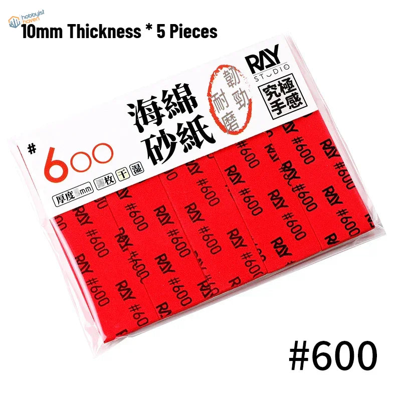 Red ray studio #600 sandpaper strips, 10mm thick and packaged in a clear plastic sleeve with black branding.
