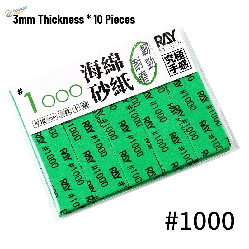 Green #1000 grit Ray Studio sanding sponges in clear pack for scale modeling