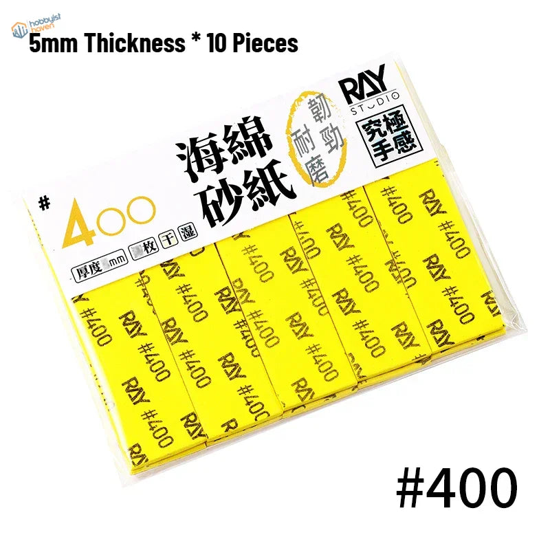 Bright yellow #400 grit 5mm sanding sponges for scale modeling in clear sleeve