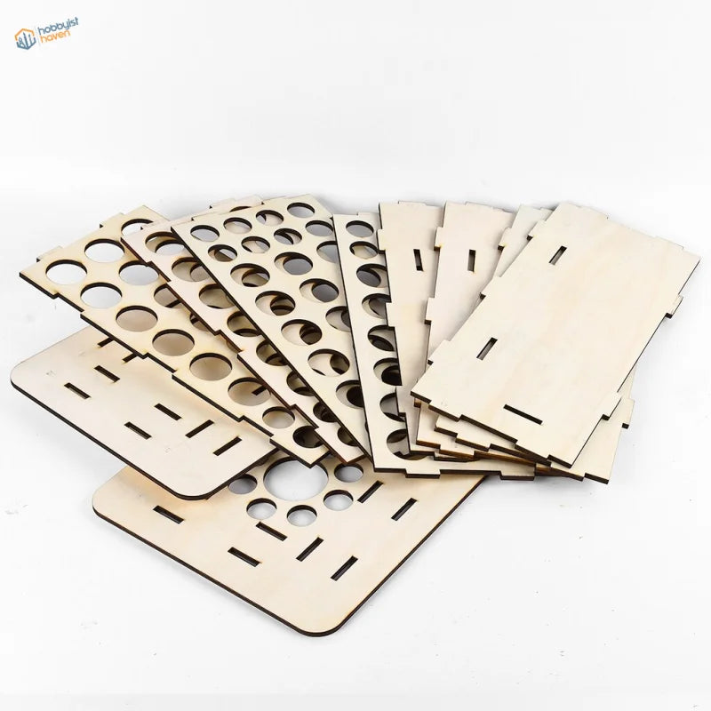Light wooden puzzle pieces with cutouts for 113 holes paints rack column