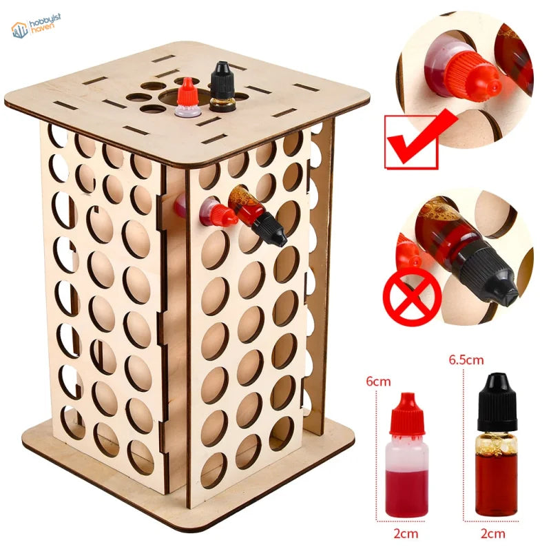 113 holes paints rack column with light wooden circular cutouts for paint bottles