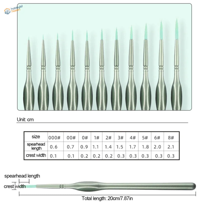 11pcs fine synthetic bristle brushes with silver handles and green tips