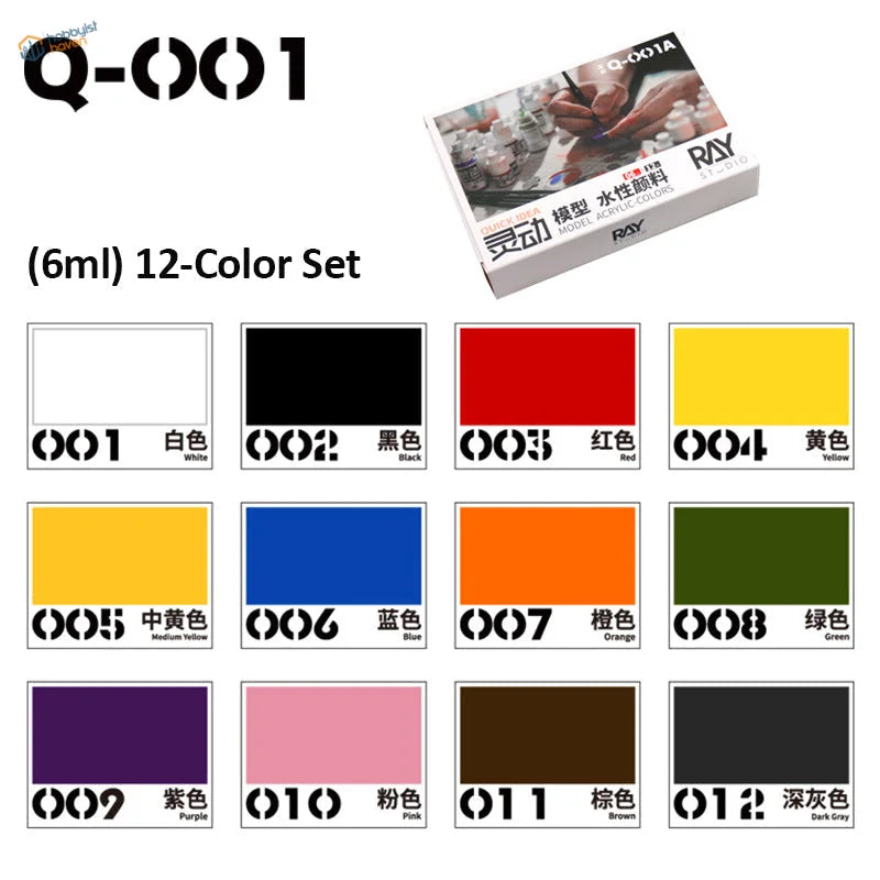 Q-001 12-color acrylic paints set for scale modeling in white box