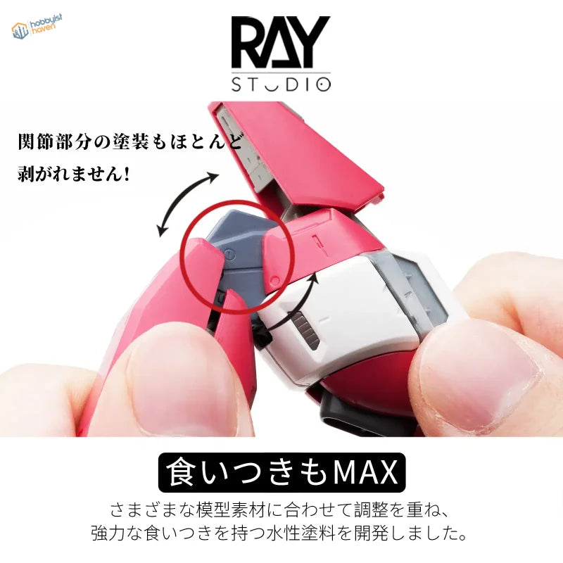 Pink Gundam head model with Ray Studio logo for acrylic paints scale modeling