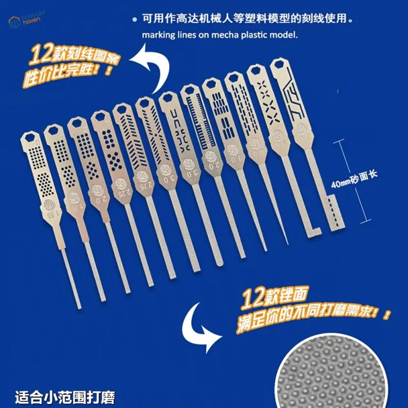 12 pcs precision files with carving guide for mecha models