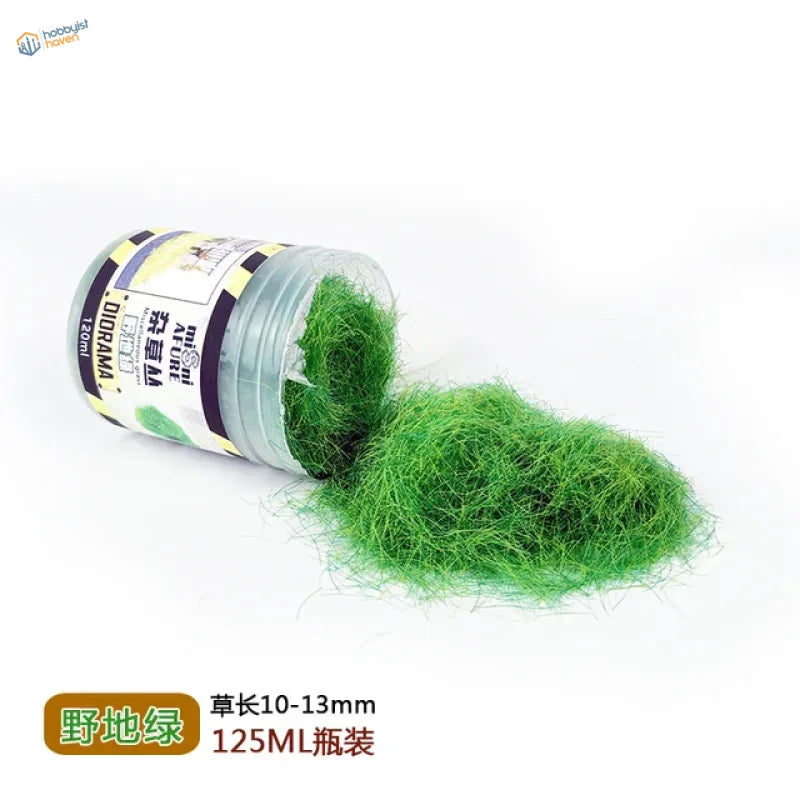 125ml bottle of 10-13mm long static grass with green fibers and Chinese labels