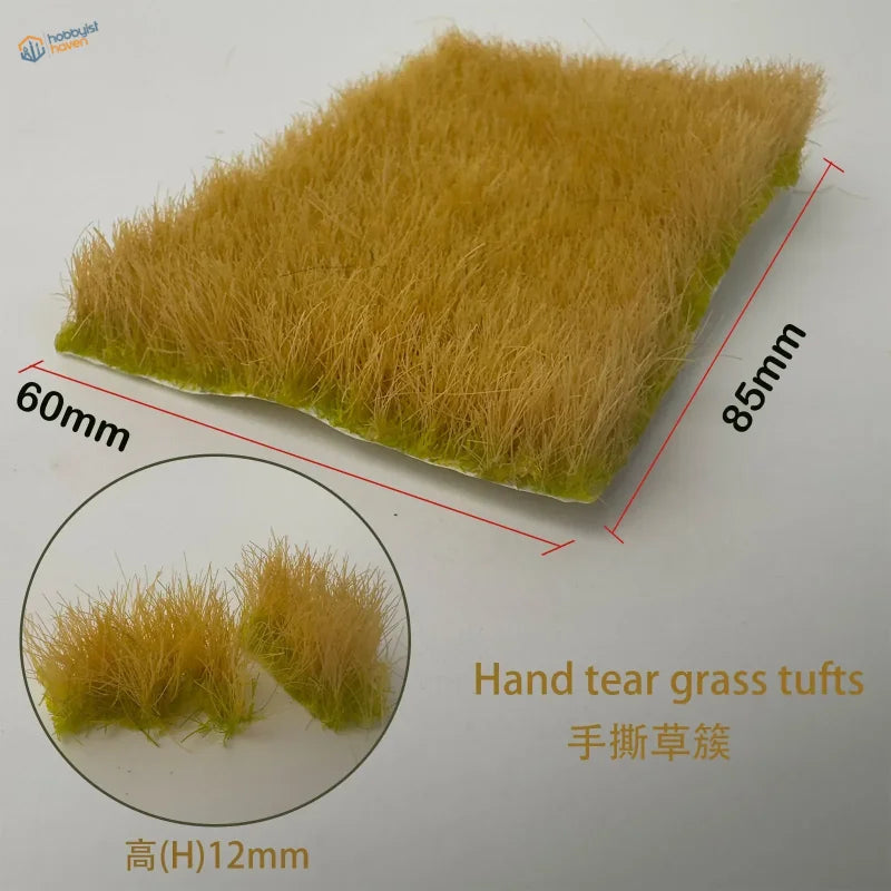 12mm static grass tufts with hand-tear golden-yellow fibers, 85mm by 60mm