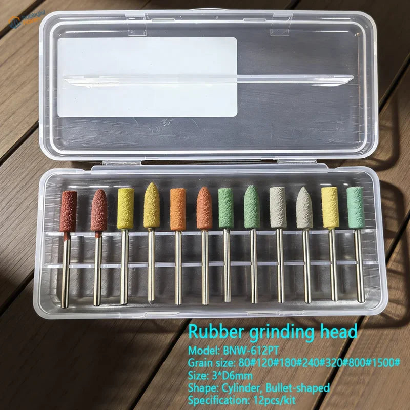 Set of 12 colorful elastic rubber abrasive bits in clear plastic case for precise scale modeling grinding tasks