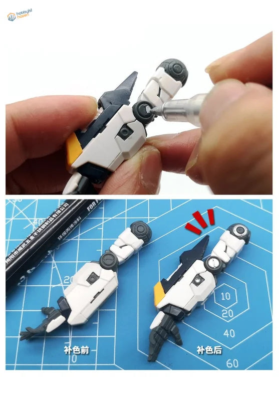 White and black soft tipped acrylic pens model arm with yellow accents