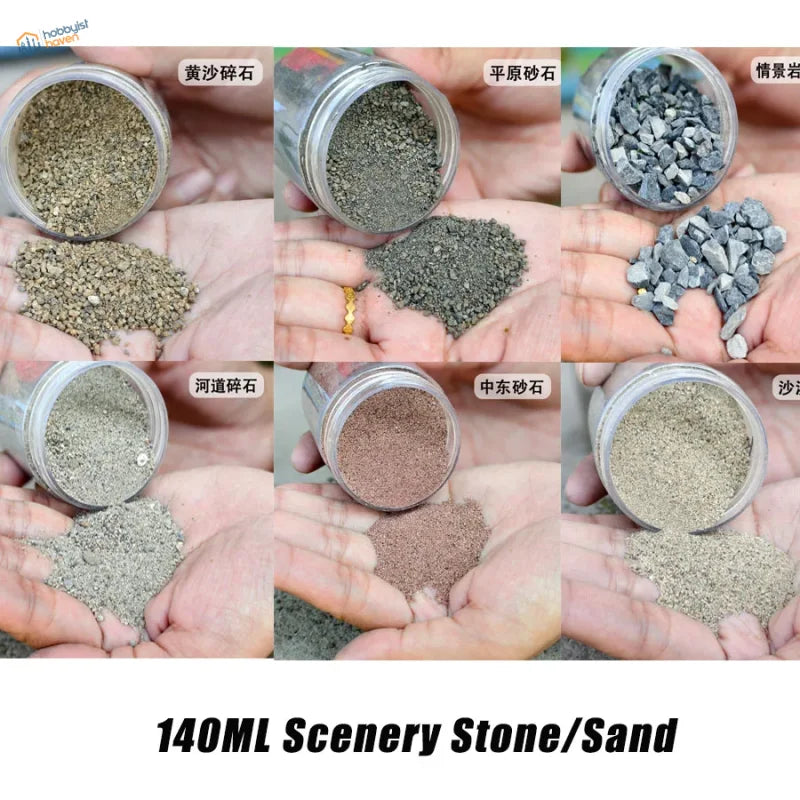Six 140ml HO/N railway ballast sands in clear containers for scale modeling