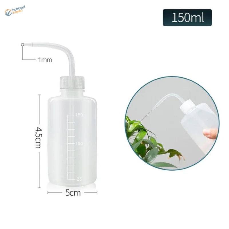 Transparent 150ml water squeeze bottle with white cap and curved spout