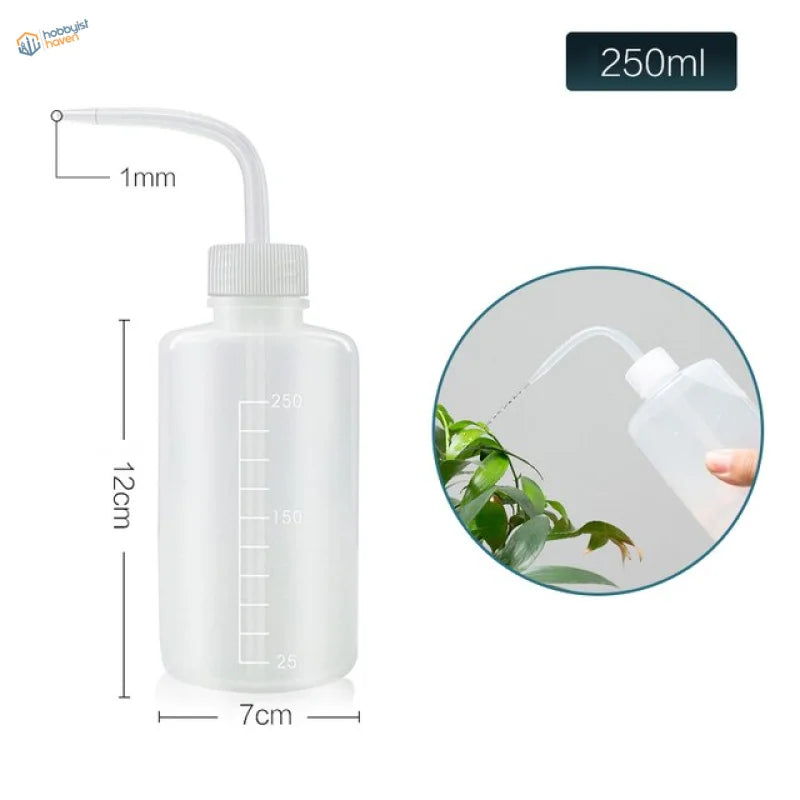 Transparent 250ml water squeeze bottle with white ribbed cap and 1mm nozzle