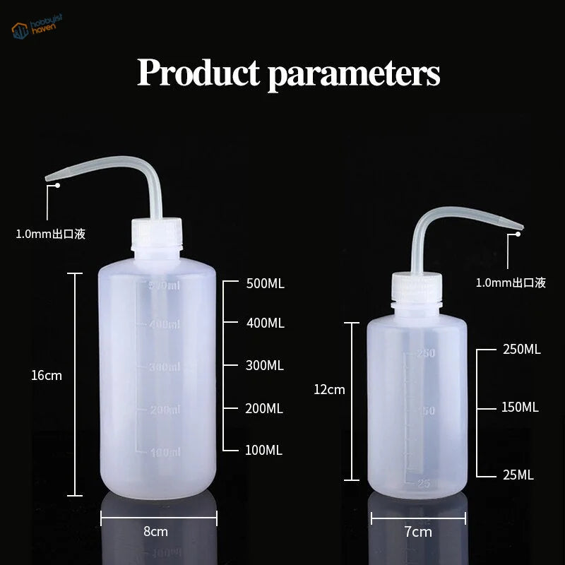 150/250/500ml water squeeze bottles with transparent plastic, white caps, curved spouts, volume markings