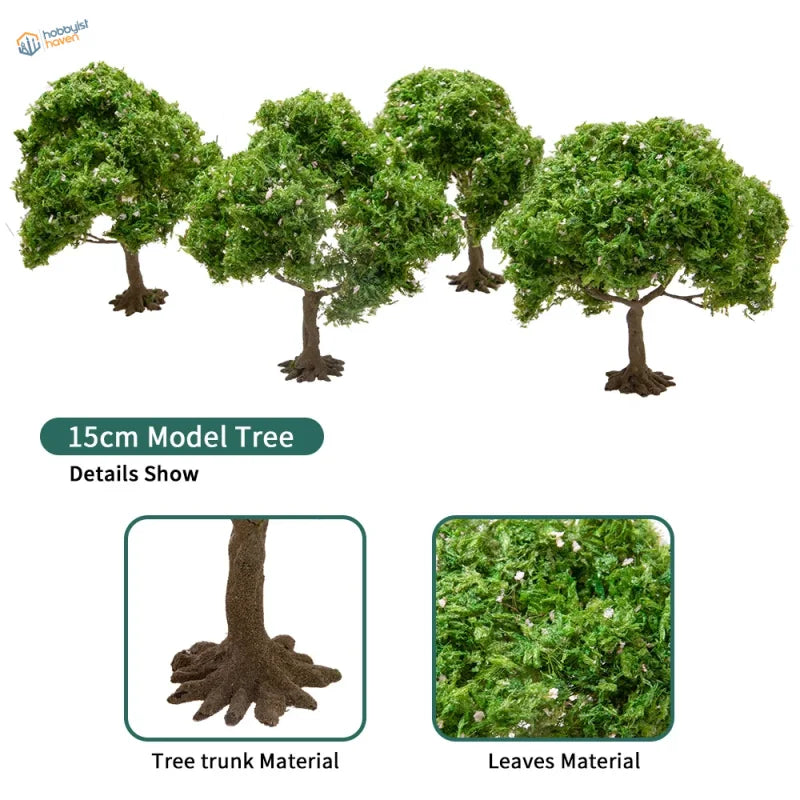 Four 15cm 150mm model trees with lush green foliage for dioramas