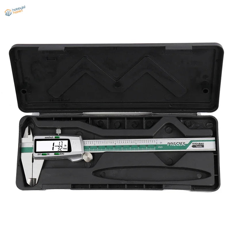 150mm stainless steel digital caliper with green white markings in black case