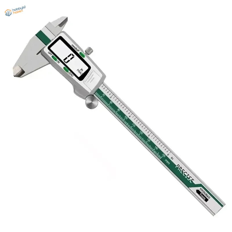 150mm stainless steel digital caliper with green accents and LCD display