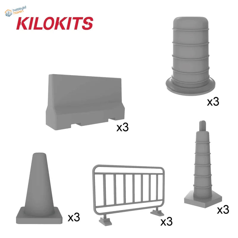 15pcs 1/35 gray plastic traffic cones and barriers kit with 3 barriers, cones, bollards