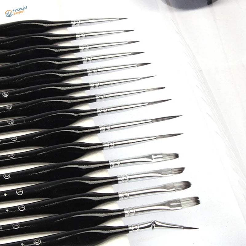 15pcs precision brush set with black handles and silver ferrules