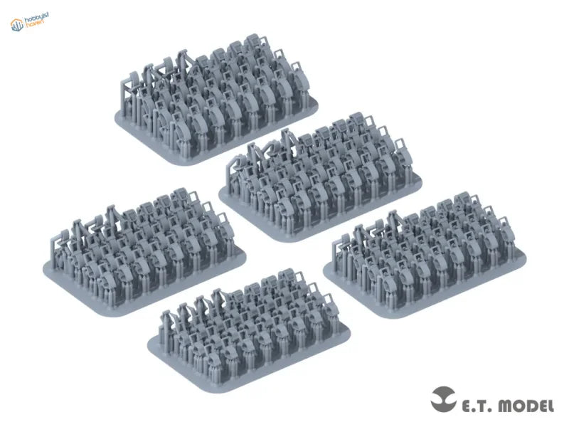 Gray 1/35 3D-printed tools clamps for WWII German vehicles on trays
