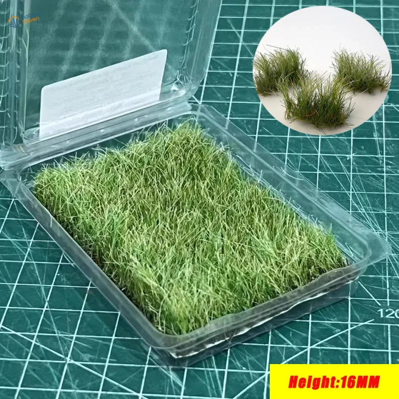 16mm static grass tufts: green artificial grass pieces in clear plastic container