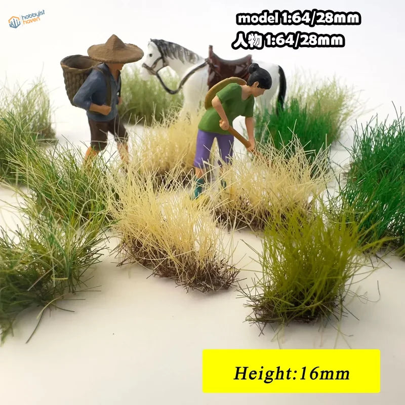 1:64 scale farmers with 16mm static grass tufts on grassy terrain