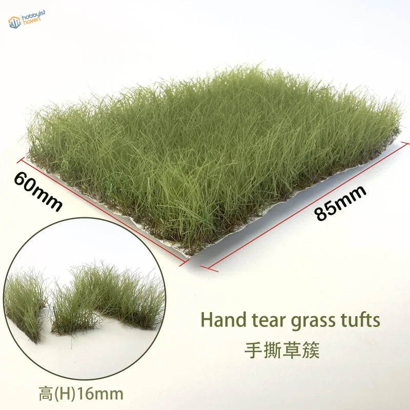 16mm static grass tufts: green hand-teared 85mm wide 60mm long 16mm high