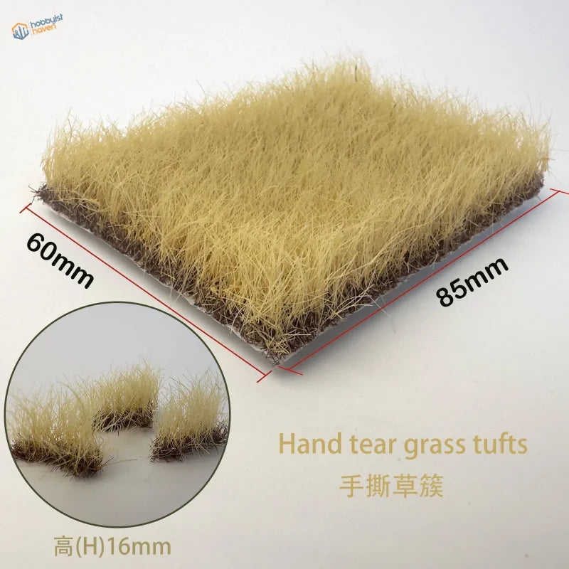 16mm static grass tufts in pale yellow hand-torn tufts for model scenery