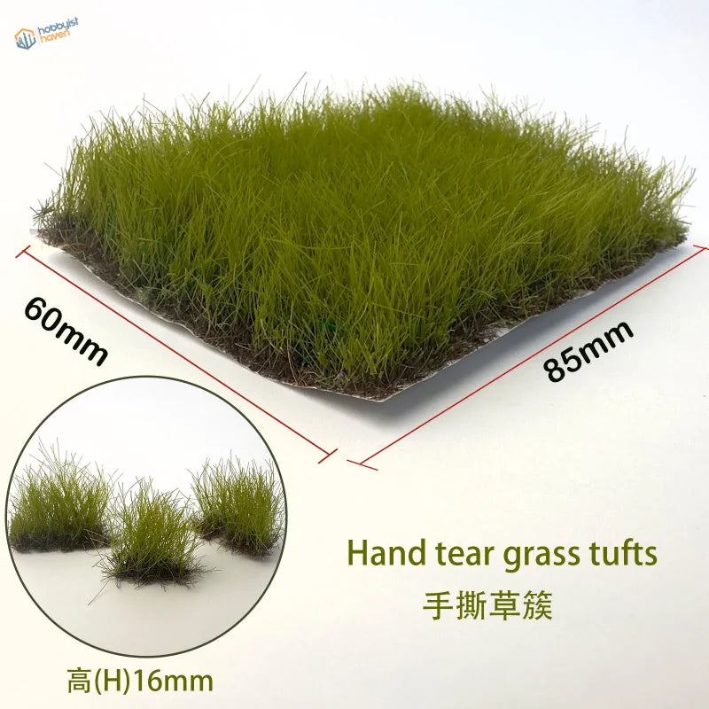 16mm static grass tufts: green hand-teared 60mm x 85mm x 16mm height