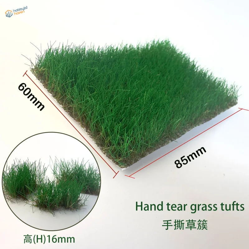 16mm static grass tufts, green artificial hand-torn for natural look