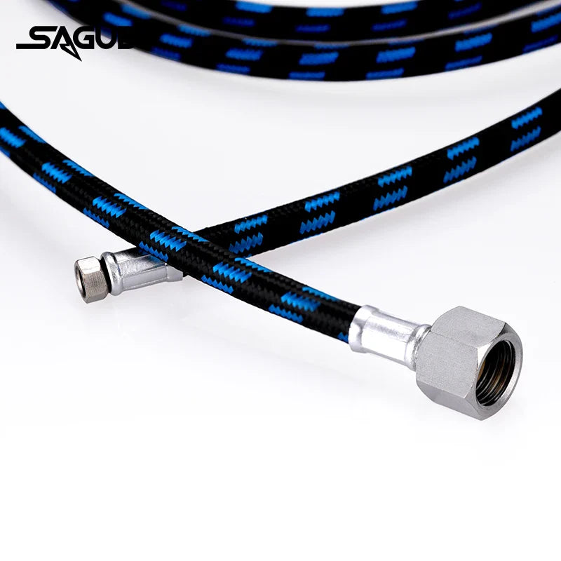 Blue and black nylon braided airbrush hose with metallic connectors for steady airflow in scale modeling tools
