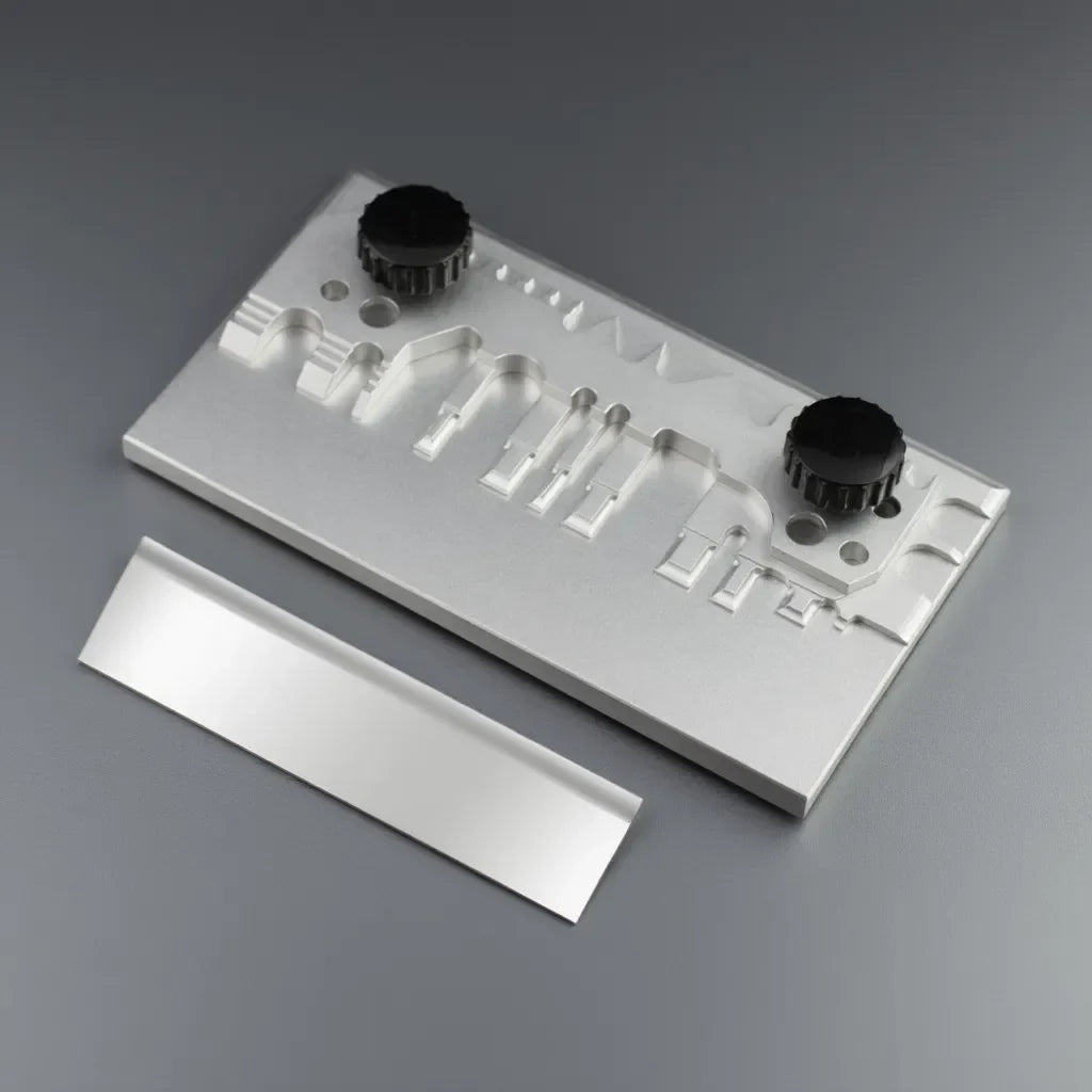 Joystar photo-etched parts bender with silver metal cutting guide, black textured knobs, and matching blade for precision bench use