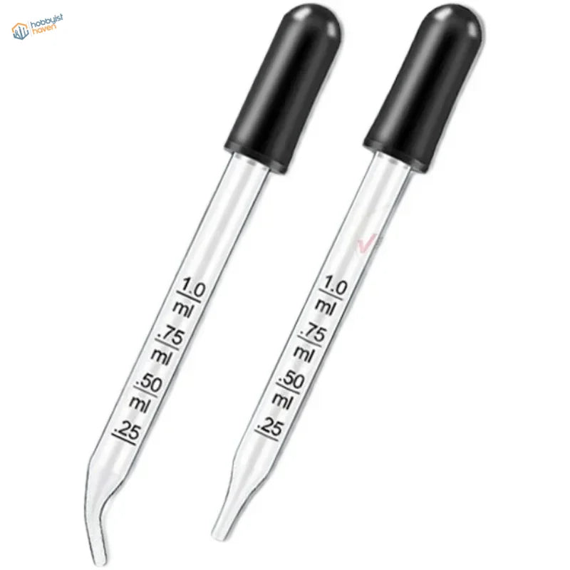 Two 1ml graduated glass pipettes with black rubber tips and ml markings
