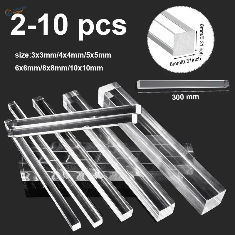 Transparent square rods multisize, clear acrylic 3x3mm to 10x10mm, 2-10pcs